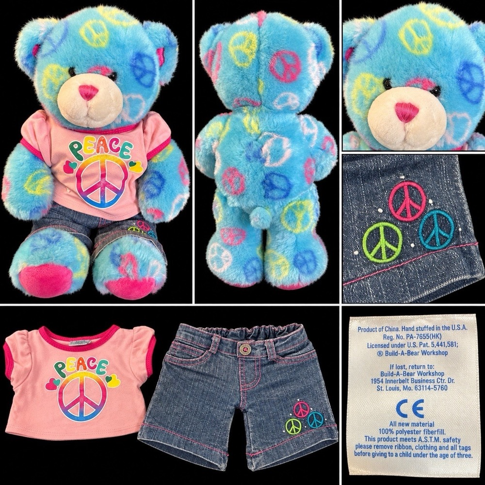 Build A Bear Blue Peace Sign Teddy Bear 15" Plush With Shirt & Denim Shorts